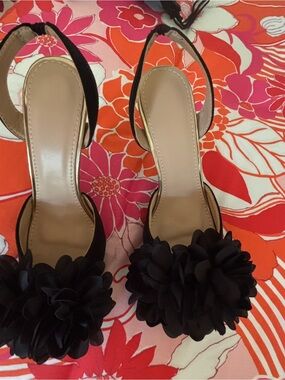 Black Floral Applique Slingback Heels